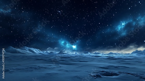 Serene winter night with brilliant auroras stretching across the horizon of an icy plain