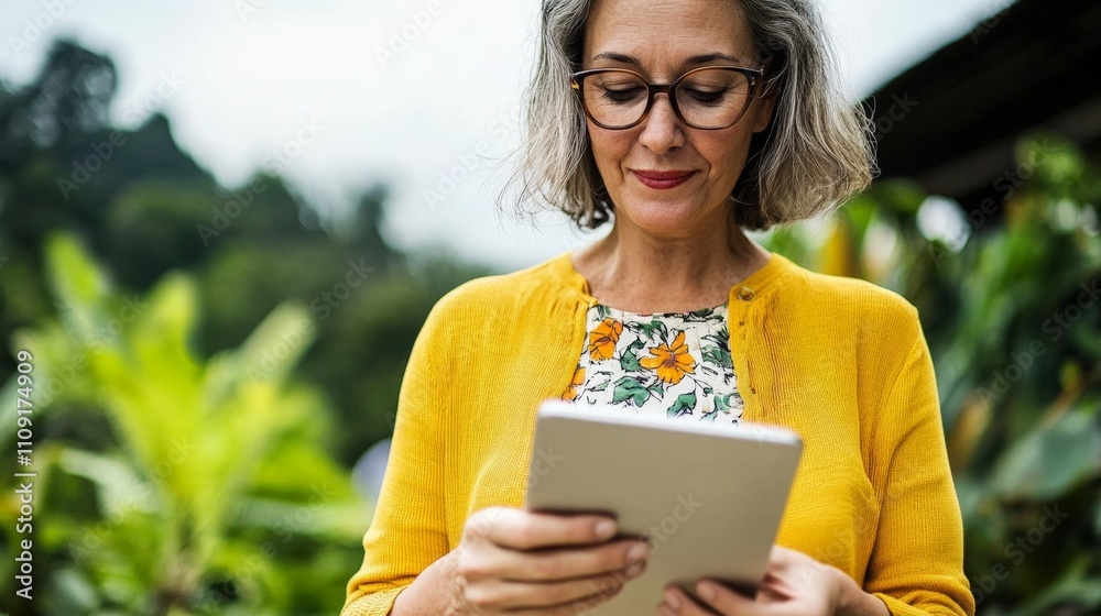 Fototapeta premium Woman in Yellow Cardigan Using Tablet Amidst Lush Greenery