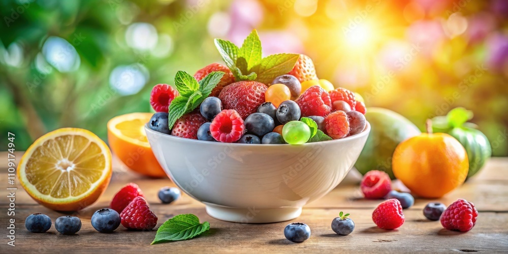 A Bowl of Fresh Fruit on a Wooden Table with a Blurred Background of Lush Greenery and Sunlight A Bowl of Fresh Fruit on a Wooden Table with a Blurred Background of Lush Greenery and Sunlight