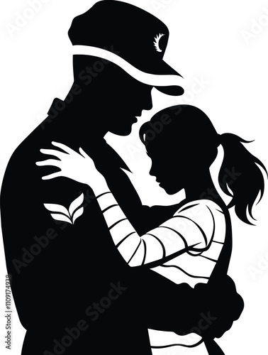 Soldier Hugging Child Silhouette Vector. Emotional Military Family Design