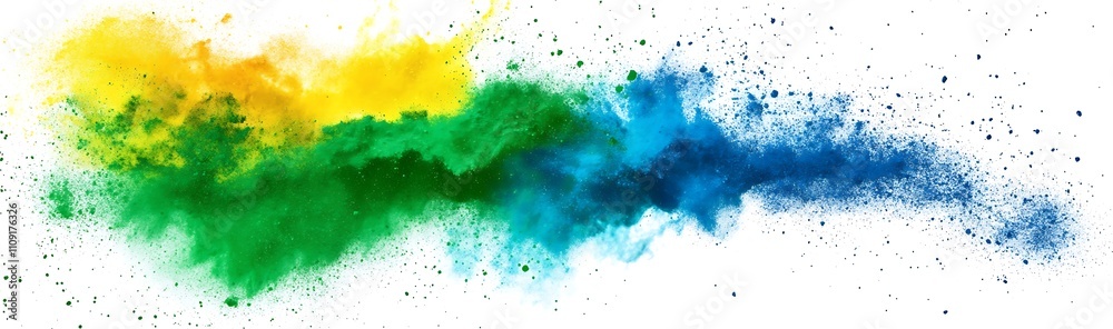 Obraz premium Green, blue, and yellow powder explosion on a white background