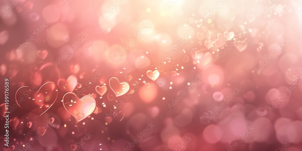 Abstract background with heart symbols and bokeh effects in pink and gold tones, soft glow, blurred background. Abstract background with heart symbols and bokeh effects in pink and gold tones, soft glow, blurred background.