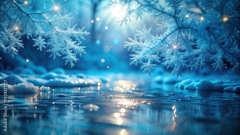 Frosted branches hang over a still, frozen stream, shimmering with sunlight reflecting off the icy surface. Frosted branches hang over a still, frozen stream, shimmering with sunlight reflecting off the icy surface.