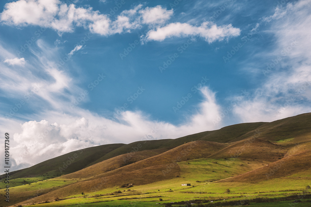 Obraz premium Vast rolling hills under a vivid blue sky with wispy clouds, creating a tranquil scene