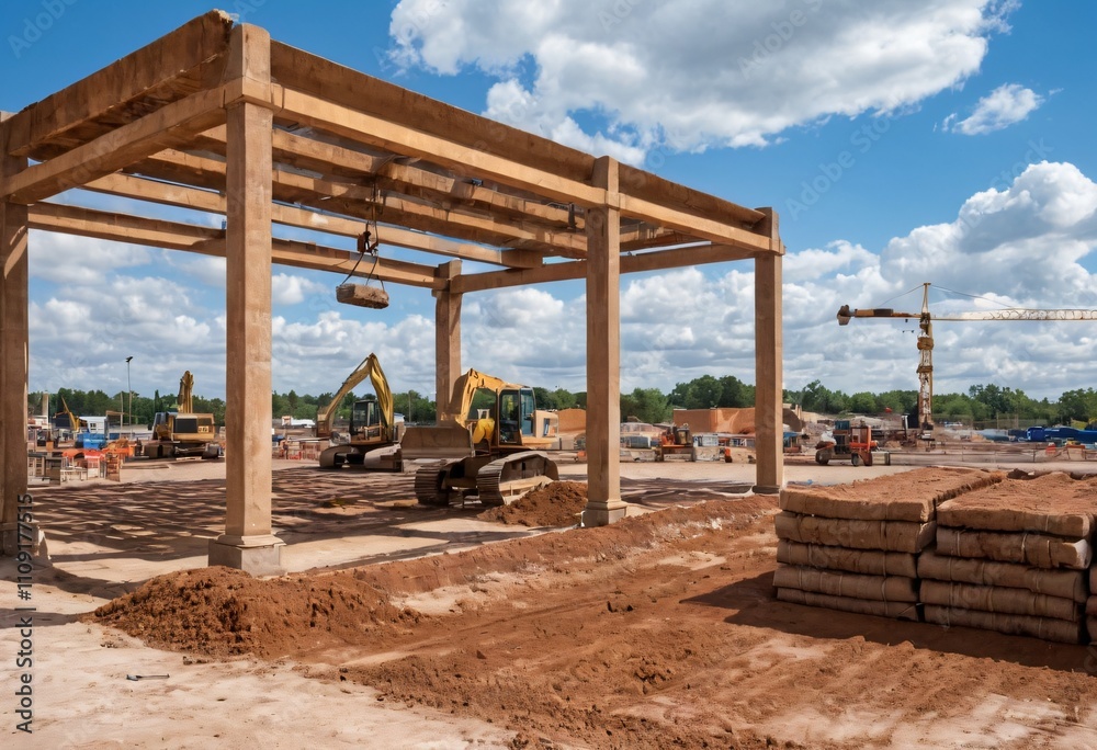 a construction site with multiple concrete columns in various stages of completion. Ai generated image. a construction site with multiple concrete columns in various stages of completion. Ai generated image.