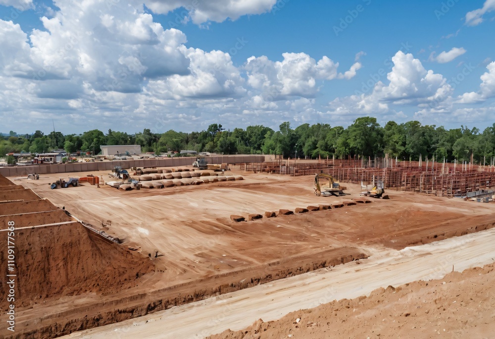 Naklejka premium a construction site with multiple concrete columns in various stages of completion. Ai generated image.