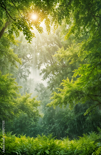 Summer rain in lush green forest, with heavy rainfall background. Rain in the forest with sun casting warm rays between the trees. Abstract natural backgrounds for your design
