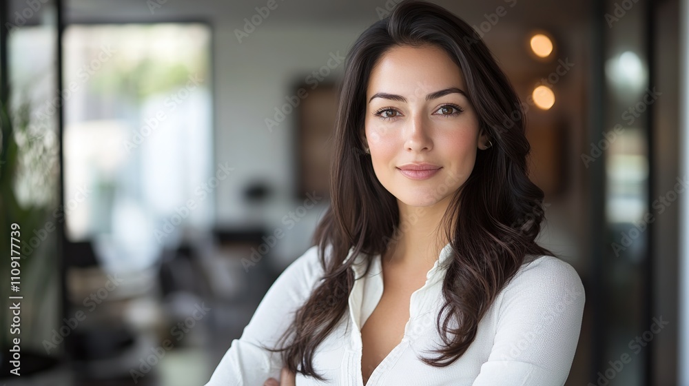 Obraz premium Creative business woman standing confidently and gracefully looking at camera in office