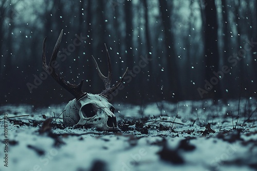 Elk or deer skull with horns in snow in winter forest. Winter solstice holiday. Yule, Imbolc, Samhain. Wiccan pagan religion. Magic dark ritual. Psychedelic ethnic element. Hunting trophy