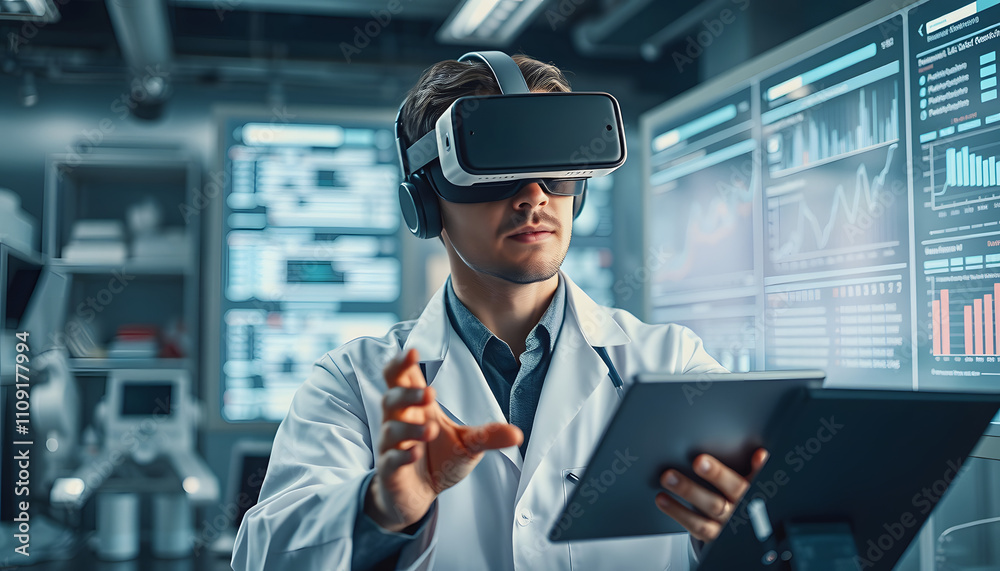 Science, research and vr with man in laboratory working on analytics with augmented reality, 3d or technology. Innovation, digital transformation and hologram with scientist and futuristic healthcar Science, research and vr with man in laboratory working on analytics with augmented reality, 3d or technology. Innovation, digital transformation and hologram with scientist and futuristic healthcar