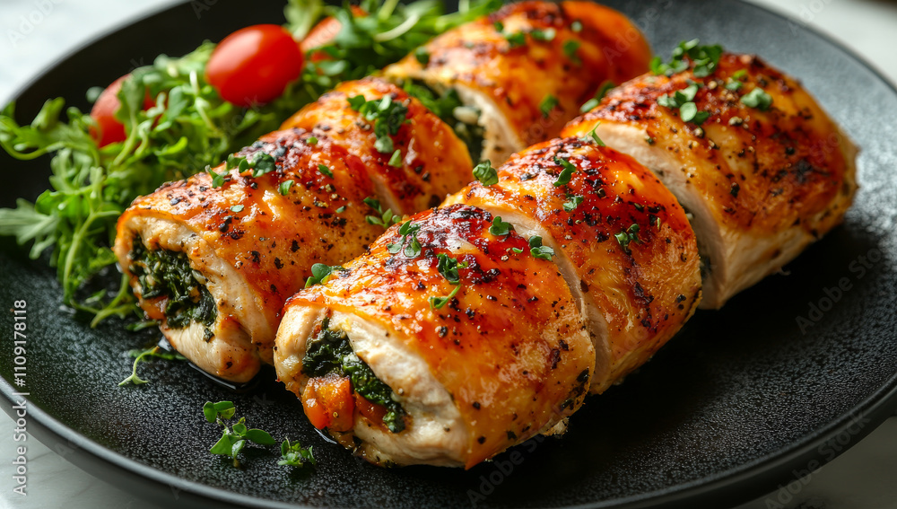 Stuffed chicken rolls with fresh greens. Tender chicken rolls filled with spinach and tomatoes, plated alongside vibrant fresh greens and cherry tomatoes. Stuffed chicken rolls with fresh greens. Tender chicken rolls filled with spinach and tomatoes, plated alongside vibrant fresh greens and cherry tomatoes.
