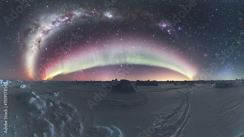 Dramatic display of aurora lights curving above an endless icy tundra under bright constellations photo