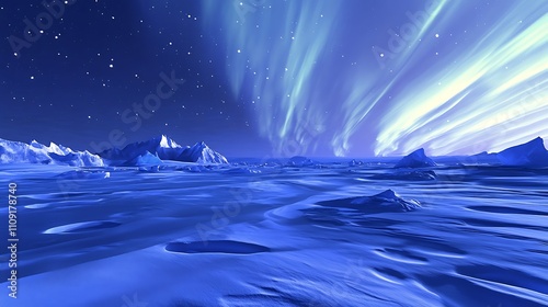 Intense aurora borealis lighting up a frozen tundra with scattered icebergs on the horizon