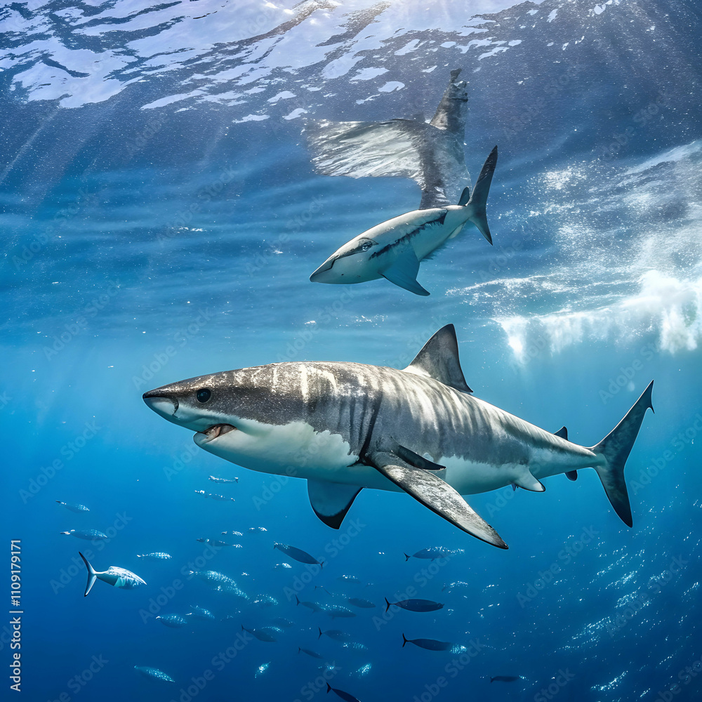 Obraz premium huge white sharks in blue ocean swim underwater