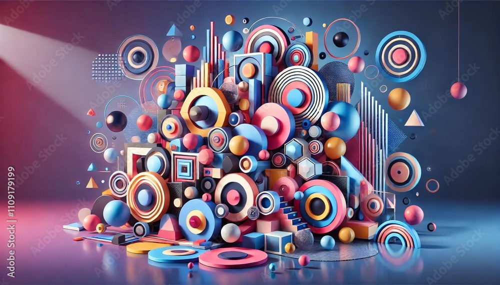 An expansive and vibrant composition of geometric shapes arranged in a visually stunning abstract design. The artwork features a variety of shapes An expansive and vibrant composition of geometric shapes arranged in a visually stunning abstract design. The artwork features a variety of shapes