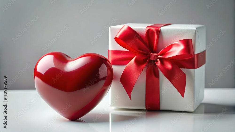 A white gift box with a vibrant red ribbon and bow sits beside a glossy red heart, symbolizing love and gifting. A white gift box with a vibrant red ribbon and bow sits beside a glossy red heart, symbolizing love and gifting.