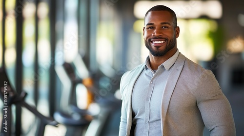 Fototapeta Naklejka Na Ścianę i Meble -  Confident male coach looking at camera while smiling in dynamic training environment