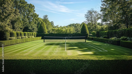 Lush green tennis court nestled in a manicured garden with tall hedges and trees under a bright sky.