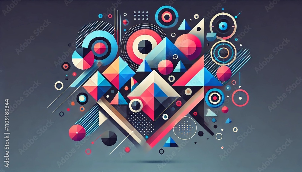 Obraz premium A visually striking composition of geometric shapes in a modern abstract style. The image includes colorful triangles, circles, squares, and polygons