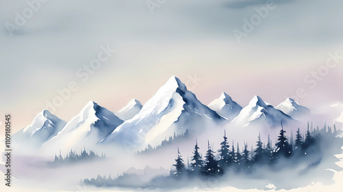 Watercolor Painting of Snow-Capped Mountains in Winter
