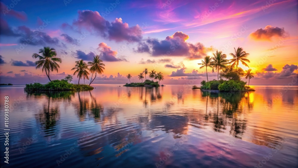 A Serene Island Oasis Bathed in the Hues of a Tropical Sunset, Reflecting in the Calm Waters A Serene Island Oasis Bathed in the Hues of a Tropical Sunset, Reflecting in the Calm Waters