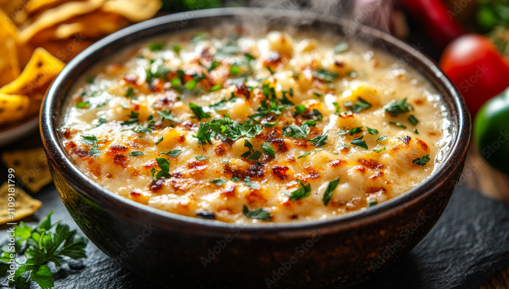 Warm creamy corn chowder with herbs. A hearty bowl of creamy corn chowder topped with fresh herbs, surrounded by tortilla chips and vegetables.