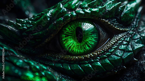 Close-up of a dragon's eye with vibrant green iris and intricate scale texture