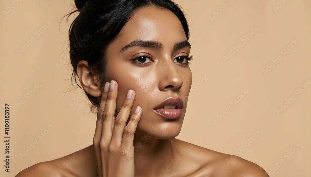 Sensual young indian woman with beautiful glowing skin posing against beige studio background, attractive female enjoying her beauty routine, massaging face with closed eyes, using beauty product Sensual young indian woman with beautiful glowing skin posing against beige studio background, attractive female enjoying her beauty routine, massaging face with closed eyes, using beauty product