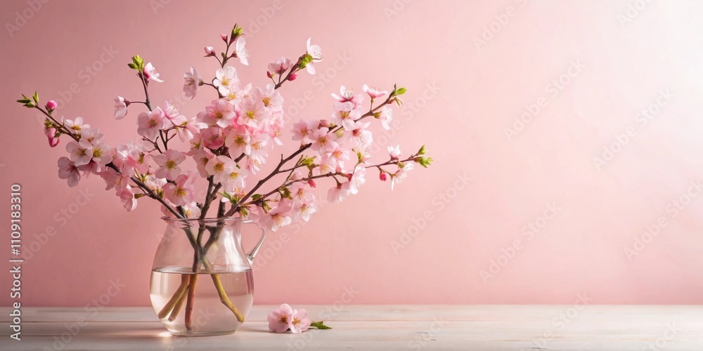Delicate pink blossoms in a clear vase, set against a soft pink backdrop, create a serene and romantic atmosphere. Delicate pink blossoms in a clear vase, set against a soft pink backdrop, create a serene and romantic atmosphere.