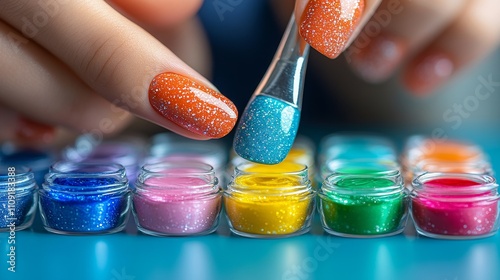 Vibrant nail art with colorful glitter polish and stylish brush techniques photo