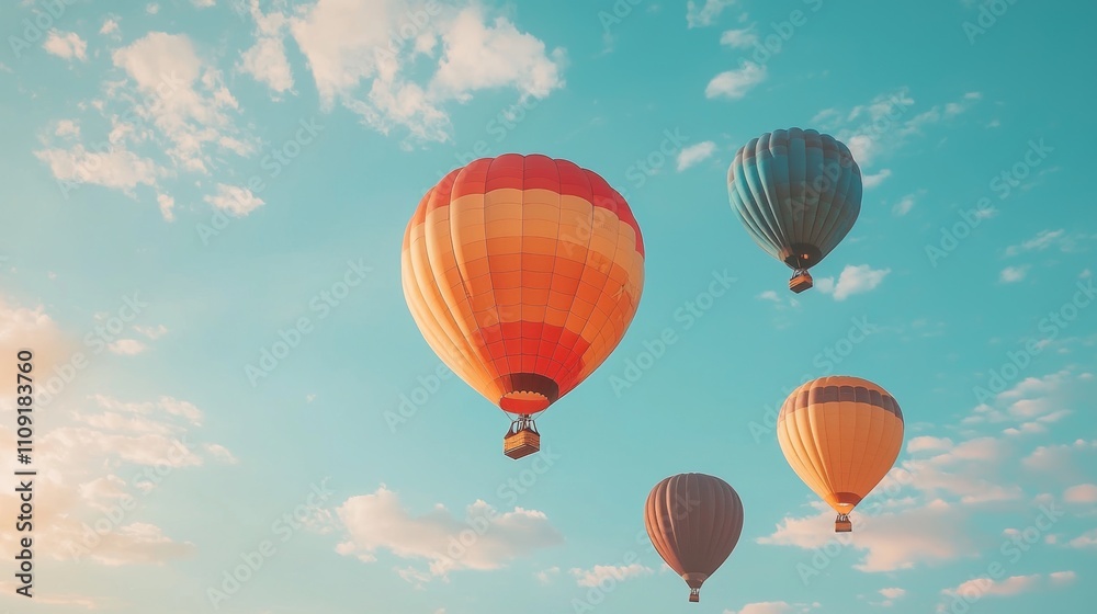 Fototapeta premium Colorful Hot Air Balloons Float in Clear Blue Sky Under Bright Sun