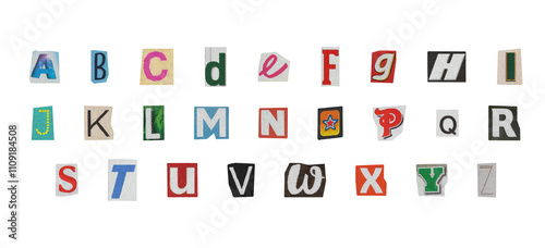 Isolated Ransom Letter Pack with cutout Y2K style english alphabet, retro style colorful png letters set in transparent background