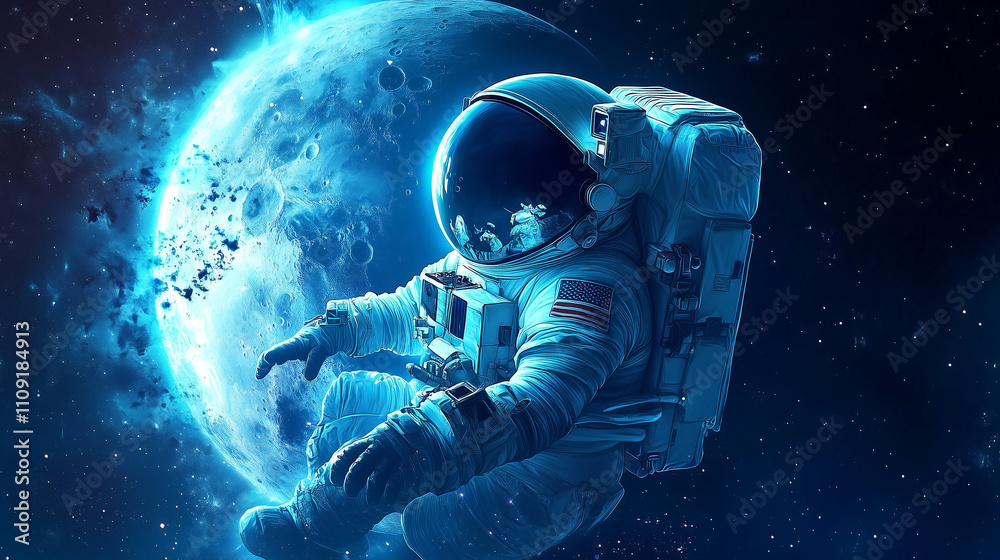 Astronauts in Space, Moon, Blue Astronauts in Space, Moon, Blue