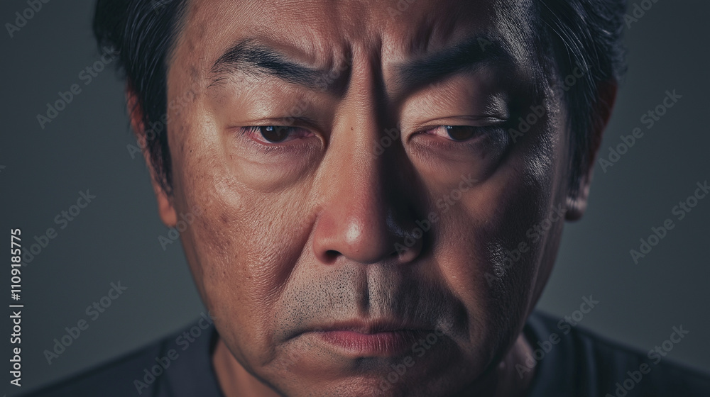 Obraz premium A powerful, evocative image capturing a middle-aged Asian man lost in thought, revealing deep emotions through his expressive gaze and furrowed brow.