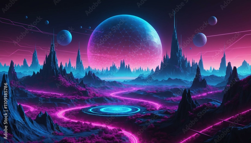 Fototapeta premium Futuristic Neon Landscape with Glowing Planet and Cyberpunk Aesthetic