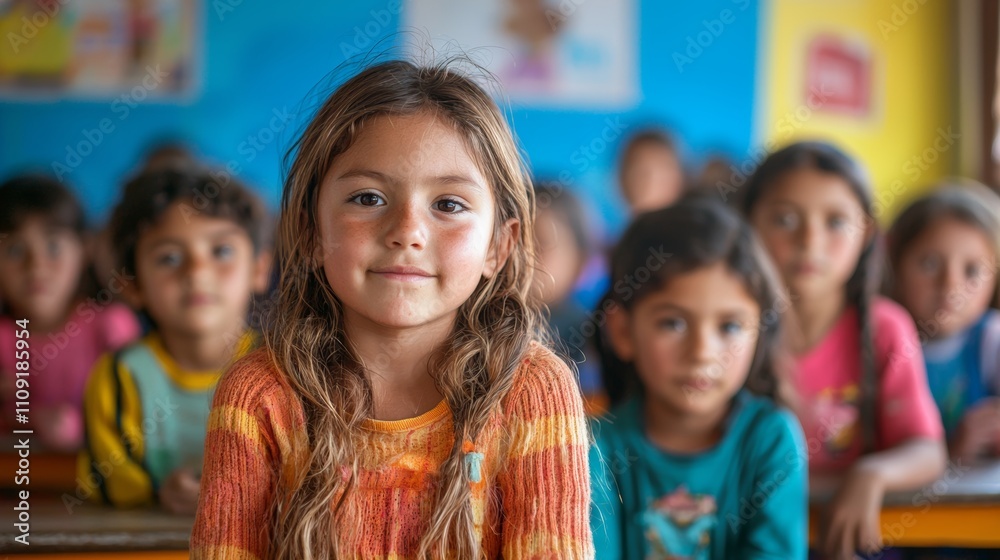 Fototapeta premium Diverse Group of Children Smiling in a Colorful Classroom Setting