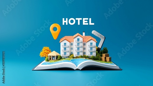 Searching, booking a hotel, planning a trip concept. Hotel booking illustration with a house model