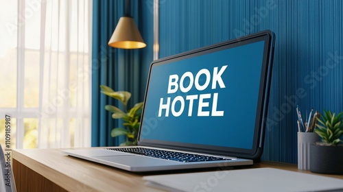 Searching, booking a hotel, planning a trip concept. Online hotel booking on a laptop photo