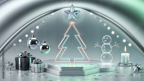 Futuristic Christmas decoration with Neon Christmas tree under a hexagonal podium and metal and glass ornaments. Ideal for sales of technological equipment.
