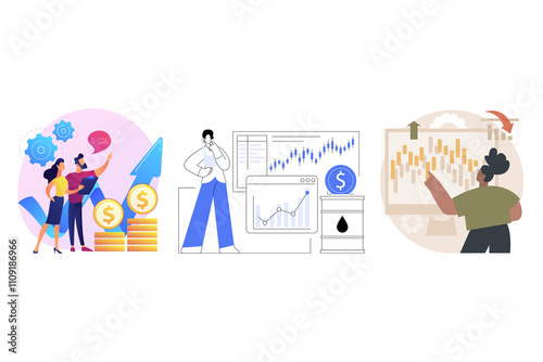 Financial analyst graphs and charts icons. Finance infographics icons. Statistic and data, charts diagrams, money, down or up arrow, economy reduction. Financial chart. Vector illustration.