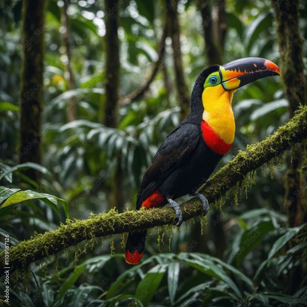 Fototapeta premium A vibrant toucan perched on a branch in a dense rainforest.