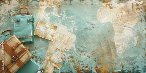 Vintage Travel: Soft, muted colors like faded postcard blue, antique luggage brown, and old map beige create a vintage travel theme photo