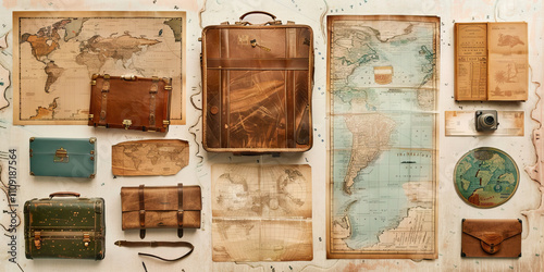 Vintage Travel: Soft, muted colors like faded postcard blue, antique luggage brown, and old map beige create a vintage travel theme photo