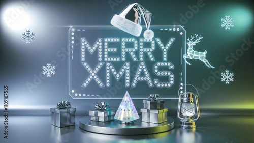 Futuristic Merry Christmas: Festive metal decoration with Silver Gifts, Santa hat, reindeer, and Shiny Lights with panel reading: Merry Xmas.