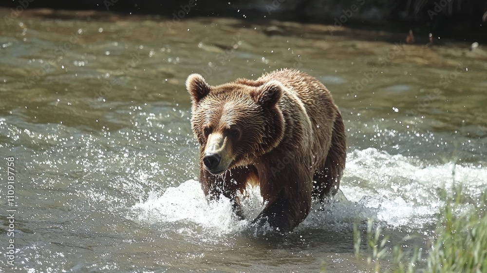 Majestic Brown Bear Catching Salmon in Clear River Waters Majestic Brown Bear Catching Salmon in Clear River Waters
