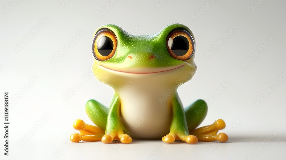 Obraz premium Endearing cartoon frog character in light green and yellow, portrayed in a sitting position with large round eyes and a welcoming smile, illustrated in kawaii chibi style.