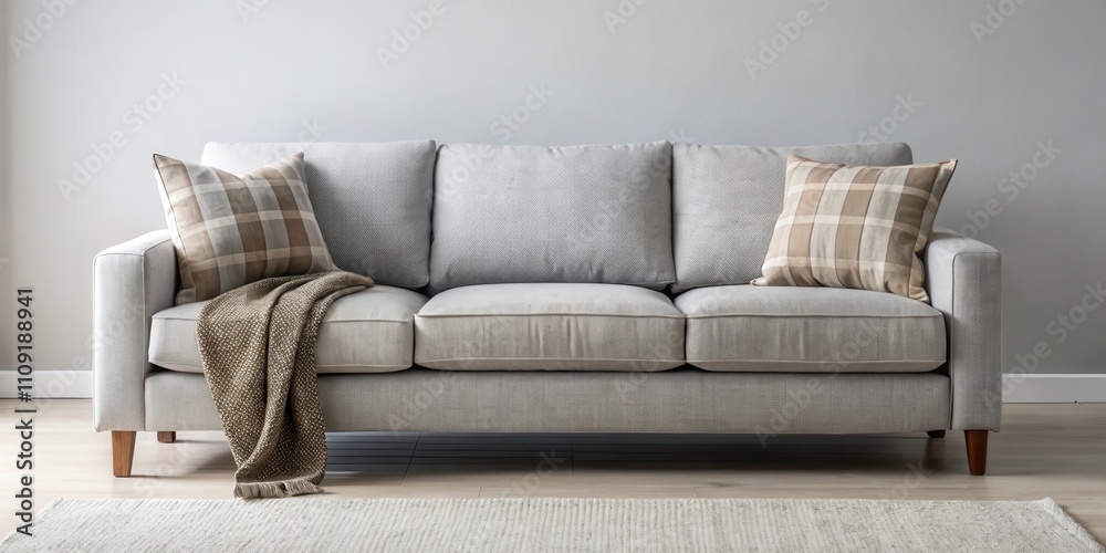 Fototapeta premium A light grey sofa with wooden legs, styled with two plaid pillows and a brown throw blanket on a neutral rug in a minimalist living room