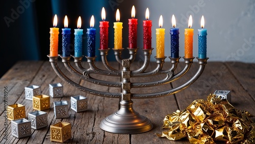 Traditionally lit menorah with colorful Hanukkah candles on a rustic wooden table photo