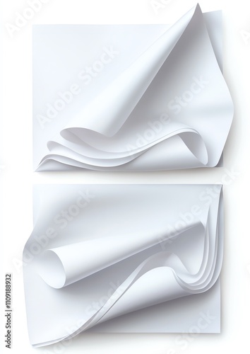 A collection of elegantly rolled and folded sheets of clean white paper, perfect for graphic design, presentations, or creative projects photo