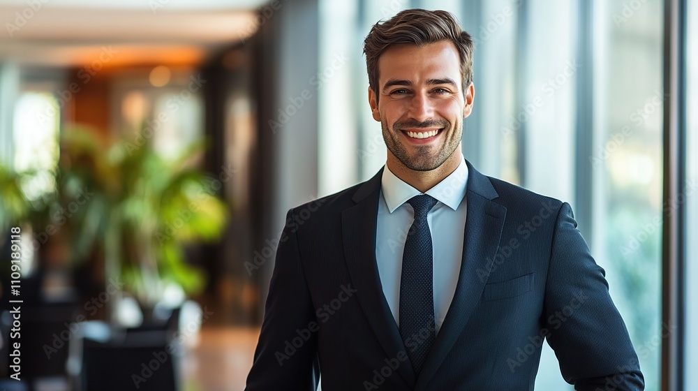 Fototapeta premium Professional and confident businessman, business consultant and legal officer standing smiling and looking at camera in office near glass window
